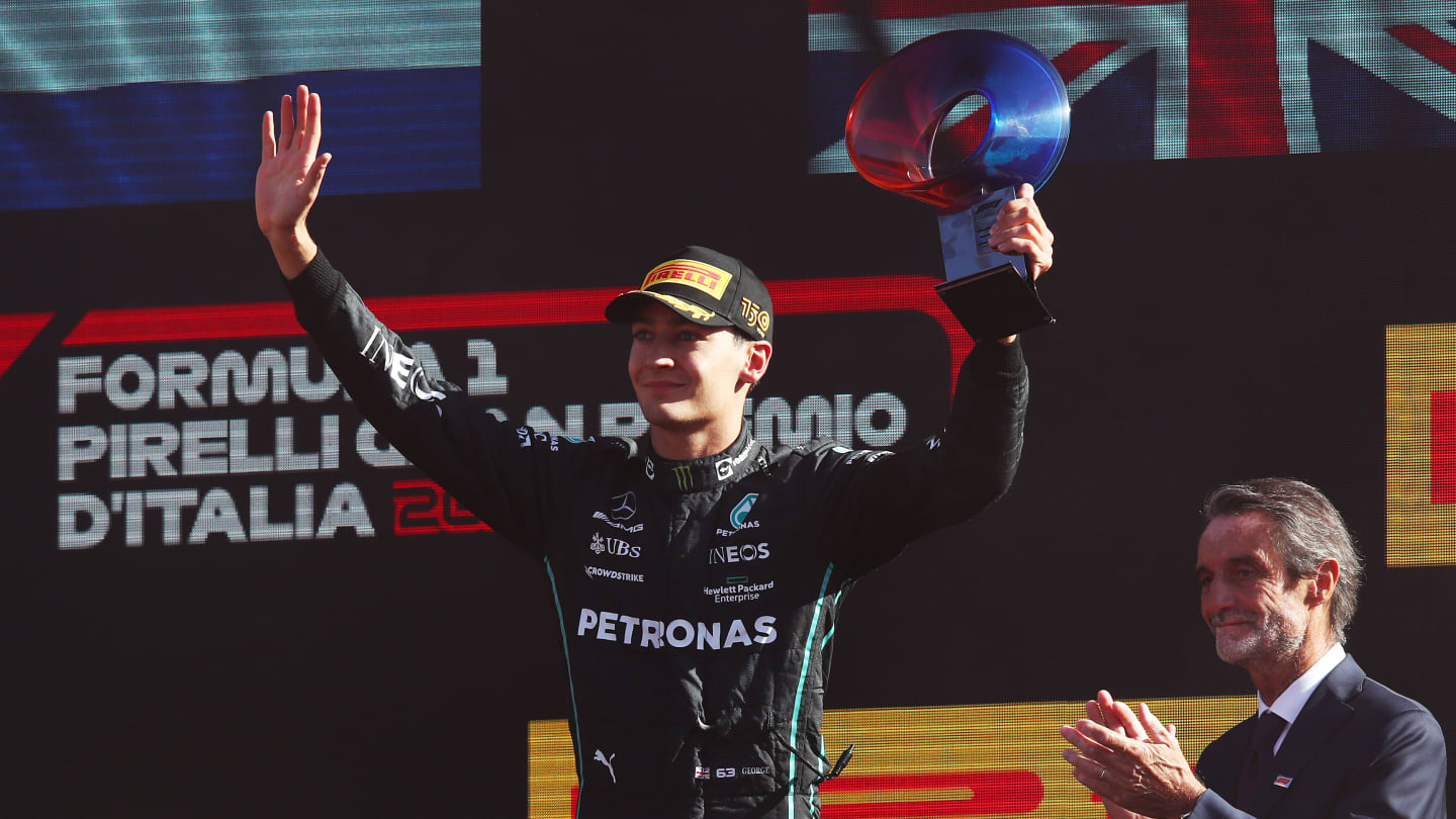 MONZA, ITALY - SEPTEMBER 11: Third placed George Russell of Great Britain and Mercedes celebrates