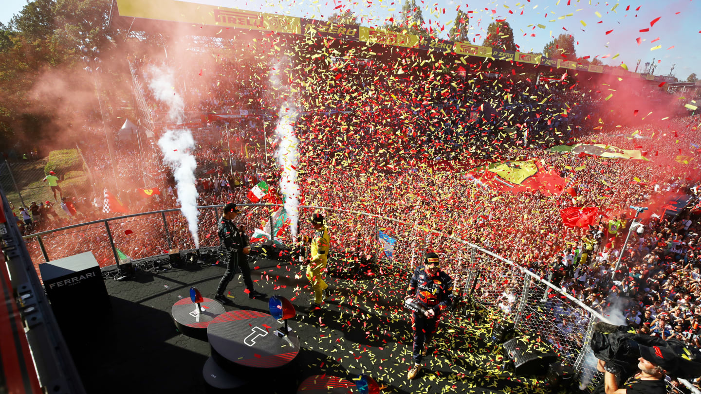 MONZA, ITALY - SEPTEMBER 11: A general view of the podium as Race winner Max Verstappen of the