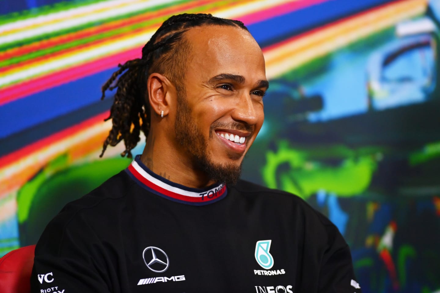 MONZA, ITALY - SEPTEMBER 08: Lewis Hamilton of Great Britain and Mercedes attends the Drivers Press Conference during previews ahead of the F1 Grand Prix of Italy at Autodromo Nazionale Monza on September 08, 2022 in Monza, Italy. (Photo by Dan Mullan/Getty Images)