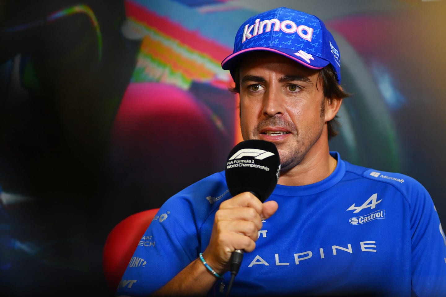 MONZA, ITALY - SEPTEMBER 08: Fernando Alonso of Spain and Alpine F1 talks in the drivers press conference during previews ahead of the F1 Grand Prix of Italy at Autodromo Nazionale Monza on September 08, 2022 in Monza, Italy. (Photo by Dan Mullan/Getty Images)