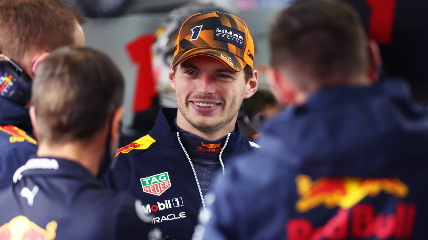 SUZUKA, JAPAN - OCTOBER 07: Max Verstappen of the Netherlands and Oracle Red Bull Racing talks with his team in the garage during practice ahead of the F1 Grand Prix of Japan at Suzuka International Racing Course on October 07, 2022 in Suzuka, Japan. (Photo by Dan Istitene - Formula 1/Formula 1 via Getty Images)
