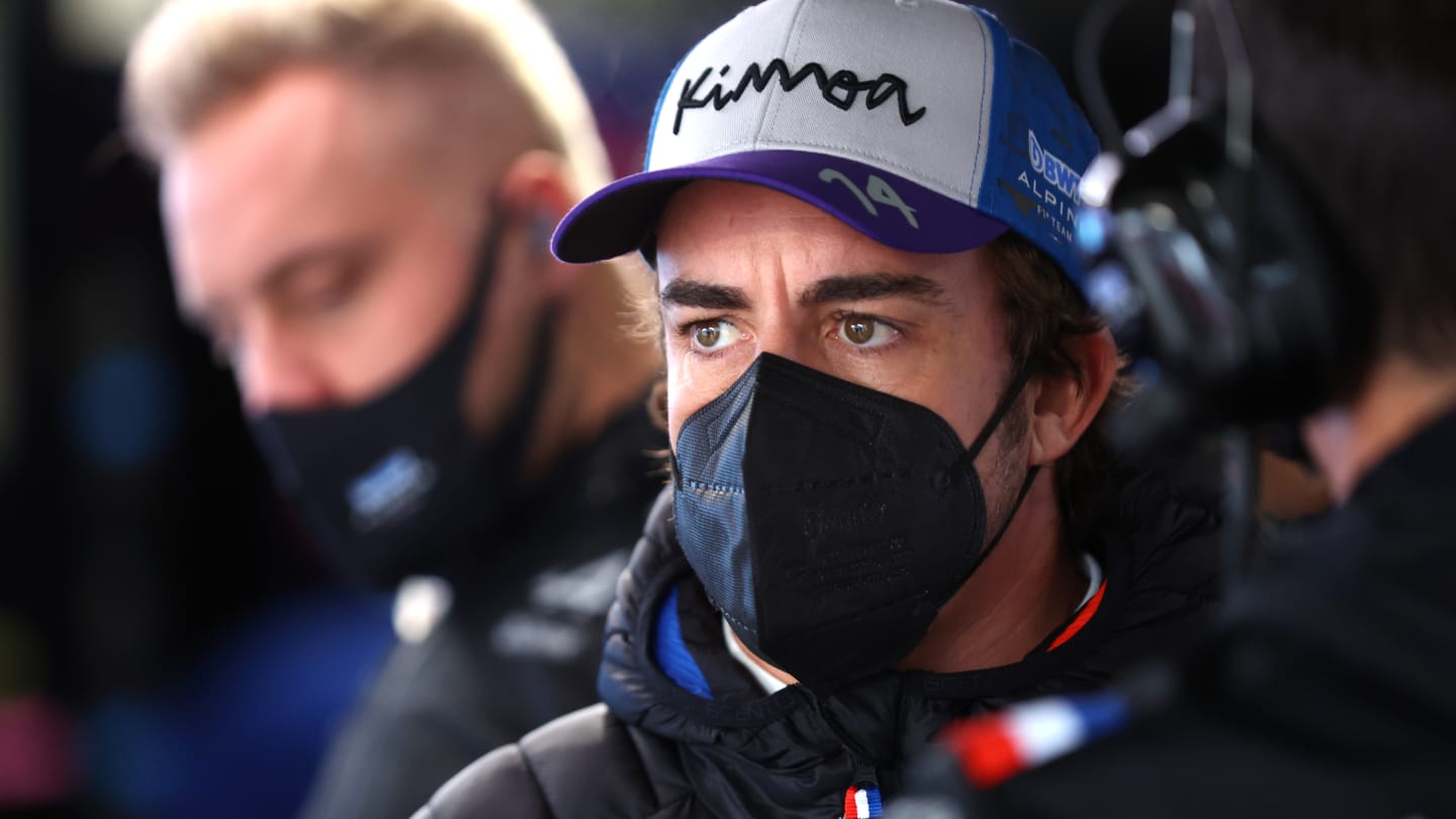 SUZUKA, JAPAN - OCTOBER 07: Fernando Alonso of Spain and Alpine F1 looks on in the garage during practice ahead of the F1 Grand Prix of Japan at Suzuka International Racing Course on October 07, 2022 in Suzuka, Japan. (Photo by Dan Istitene - Formula 1/Formula 1 via Getty Images)