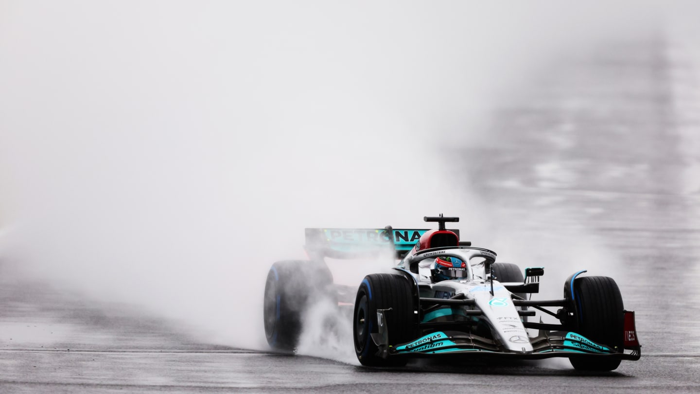 SUZUKA, JAPAN - OCTOBER 07: George Russell of Great Britain driving the (63) Mercedes AMG Petronas F1 Team W13 on track during practice ahead of the F1 Grand Prix of Japan at Suzuka International Racing Course on October 07, 2022 in Suzuka, Japan. (Photo by Bryn Lennon - Formula 1/Formula 1 via Getty Images)