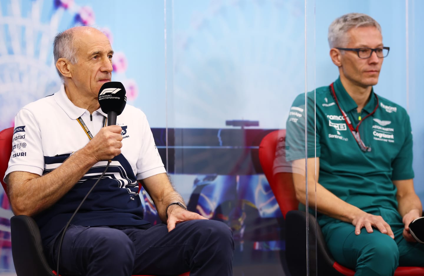 SUZUKA, JAPAN - OCTOBER 08: Scuderia AlphaTauri Team Principal Franz Tost and Mike Krack, Team Principal of the Aston Martin F1 Team attend the Team Principals Press Conference prior to final practice ahead of the F1 Grand Prix of Japan at Suzuka International Racing Course on October 08, 2022 in Suzuka, Japan. (Photo by Bryn Lennon/Getty Images)