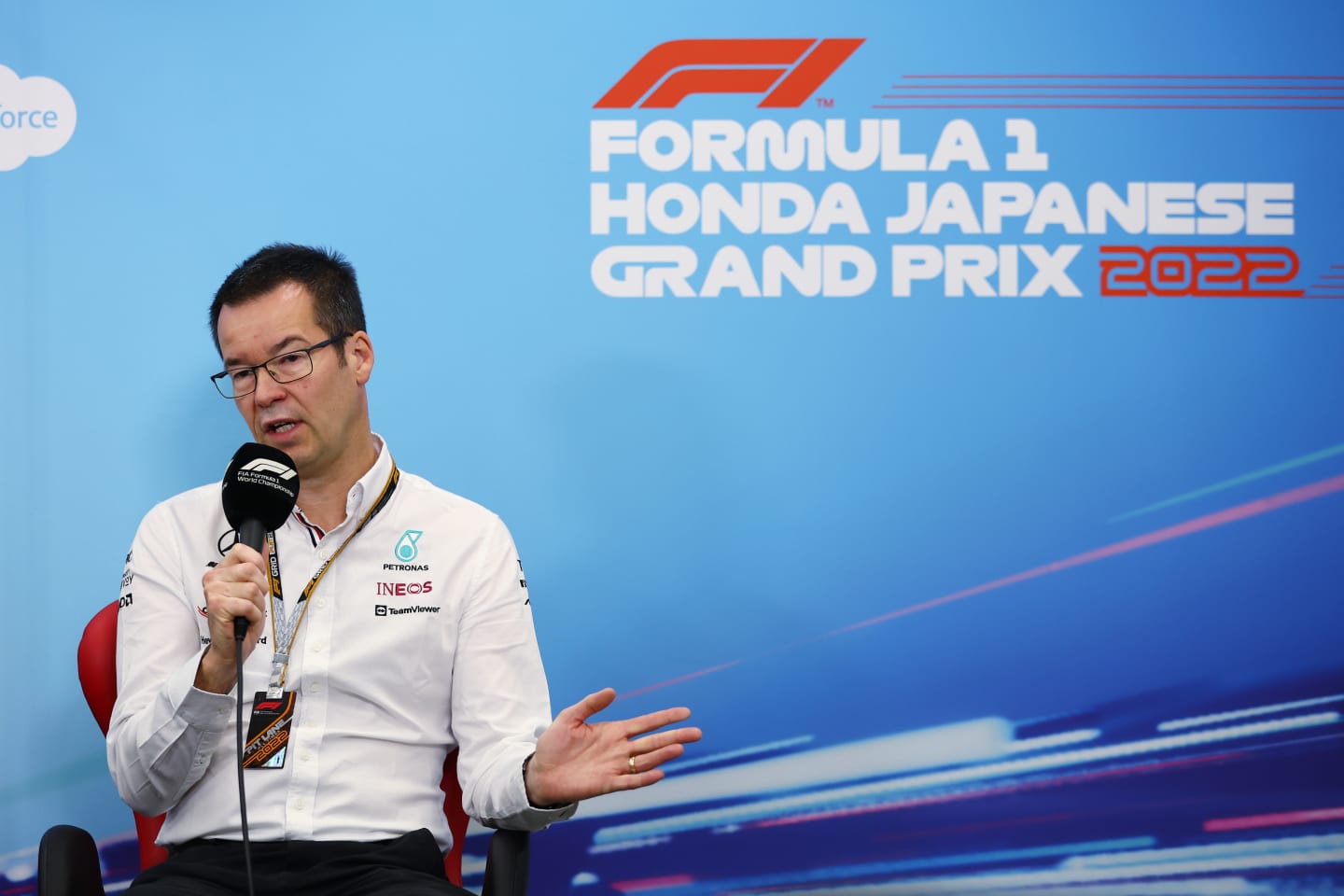 SUZUKA, JAPAN - OCTOBER 08: Mike Elliott, Technical Director at Mercedes GP attends the Teams Press Conference prior to final practice ahead of the F1 Grand Prix of Japan at Suzuka International Racing Course on October 08, 2022 in Suzuka, Japan. (Photo by Bryn Lennon/Getty Images)