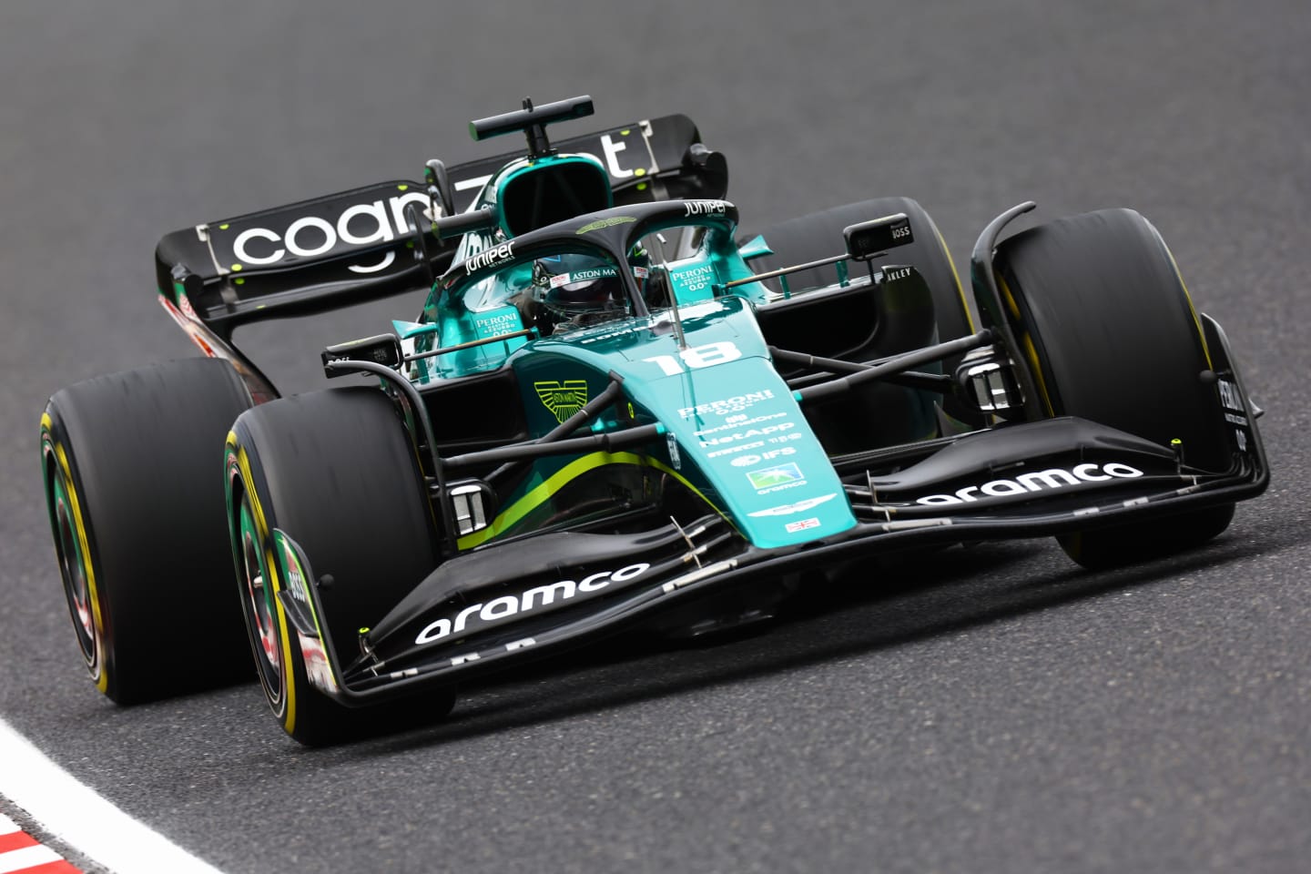 SUZUKA, JAPAN - OCTOBER 08: Lance Stroll of Canada driving the (18) Aston Martin AMR22 Mercedes on track during final practice ahead of the F1 Grand Prix of Japan at Suzuka International Racing Course on October 08, 2022 in Suzuka, Japan. (Photo by Mark Thompson/Getty Images )