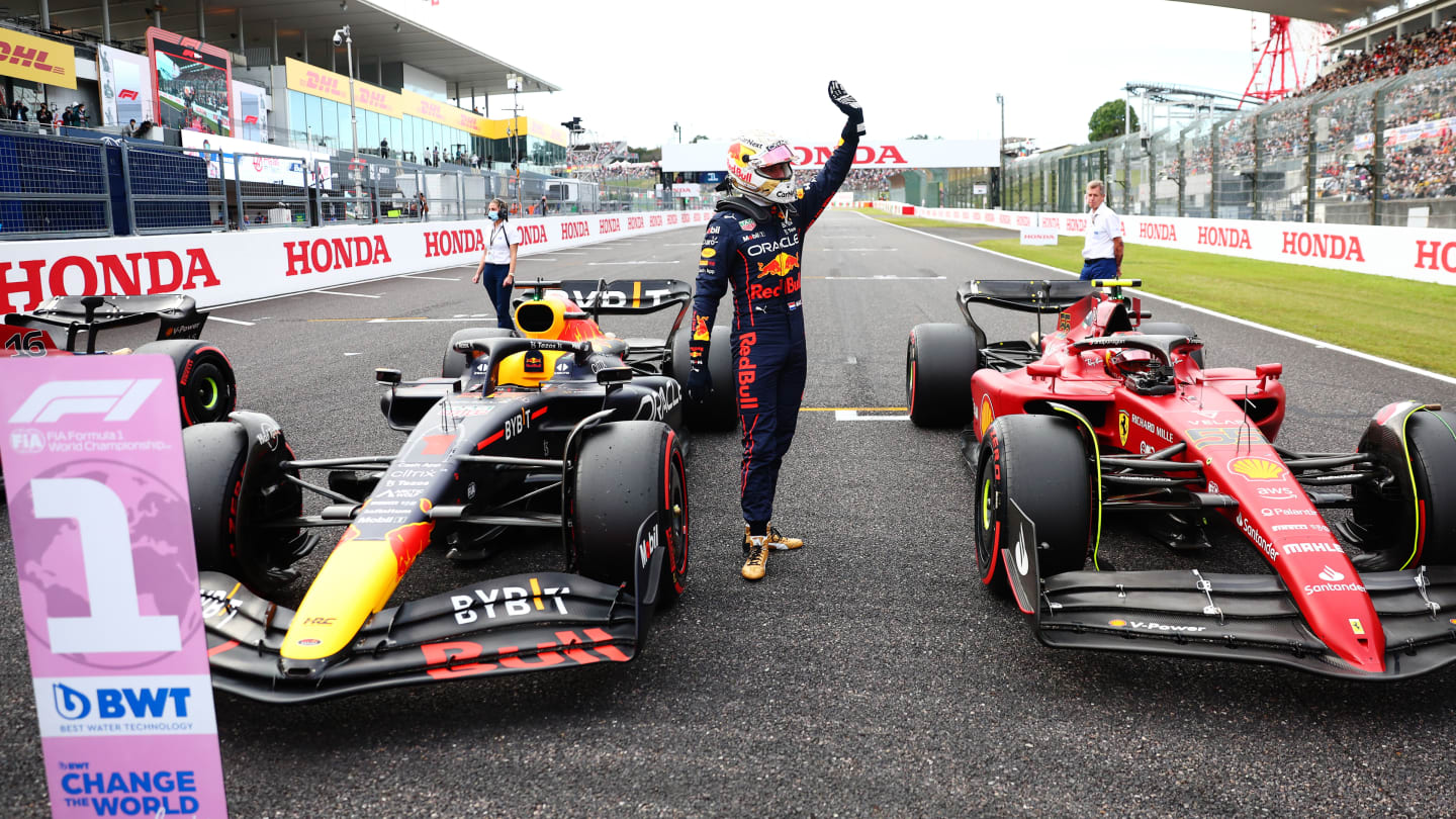 SUZUKA, JAPAN - OCTOBER 08: Pole position qualifier Max Verstappen of the Netherlands and Oracle Red Bull Racing celebrates in parc ferme during qualifying ahead of the F1 Grand Prix of Japan at Suzuka International Racing Course on October 08, 2022 in Suzuka, Japan. (Photo by Dan Istitene - Formula 1/Formula 1 via Getty Images)