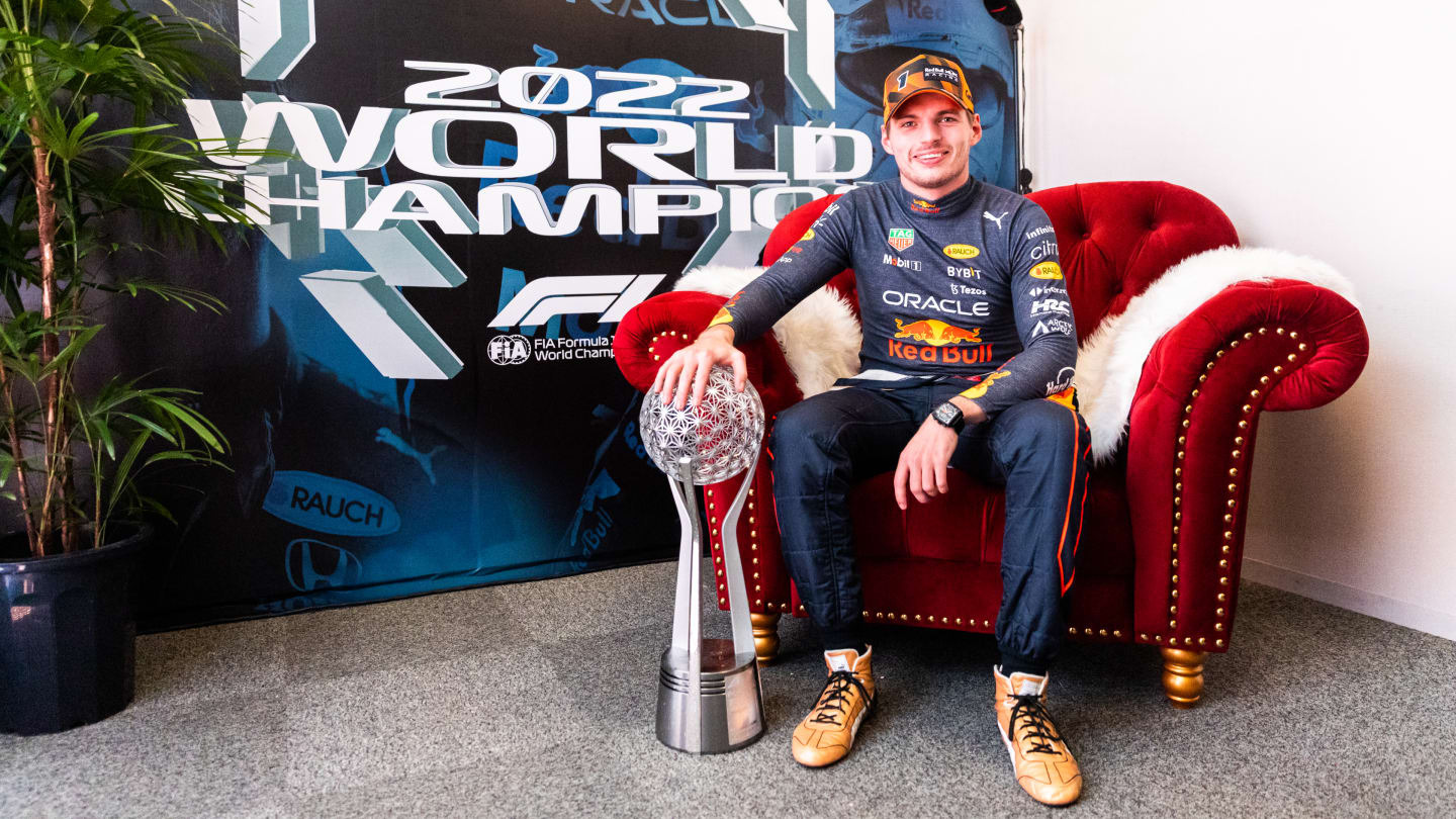 SUZUKA, JAPAN - OCTOBER 09: Race winner and 2022 F1 World Drivers Champion Max Verstappen of Netherlands and Oracle Red Bull Racing poses for a photo after the F1 Grand Prix of Japan at Suzuka International Racing Course on October 09, 2022 in Suzuka, Japan. (Photo by Dan Istitene - Formula 1/Formula 1 via Getty Images)