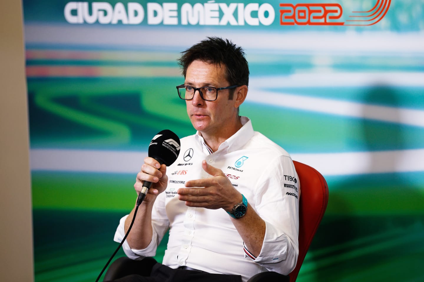 MEXICO CITY, MEXICO - OCTOBER 29: Andrew Shovlin, Trackside Engineering Director of Mercedes GP attends the Team Principals Press Conference prior to final practice ahead of the F1 Grand Prix of Mexico at Autodromo Hermanos Rodriguez on October 29, 2022 in Mexico City, Mexico. (Photo by Chris Graythen/Getty Images)