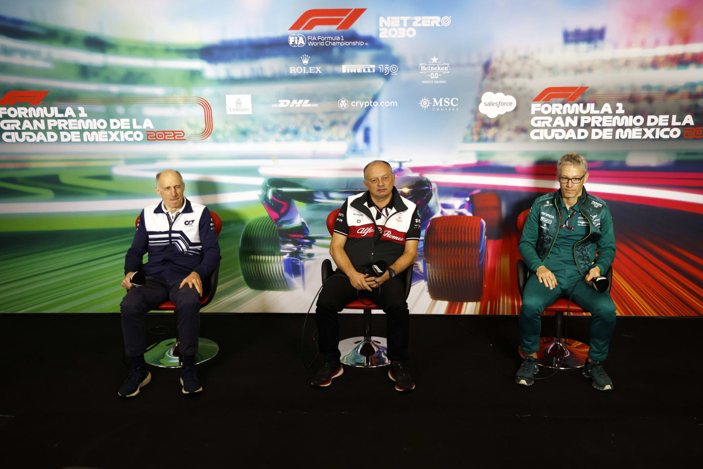 MEXICO CITY, MEXICO - OCTOBER 29: (L-R) Scuderia AlphaTauri Team Principal Franz Tost, Alfa Romeo Racing Team Principal Frederic Vasseur and Mike Krack, Team Principal of the Aston Martin F1 Team attend the Team Principals Press Conference prior to final practice ahead of the F1 Grand Prix of Mexico at Autodromo Hermanos Rodriguez on October 29, 2022 in Mexico City, Mexico. (Photo by Chris Graythen/Getty Images)