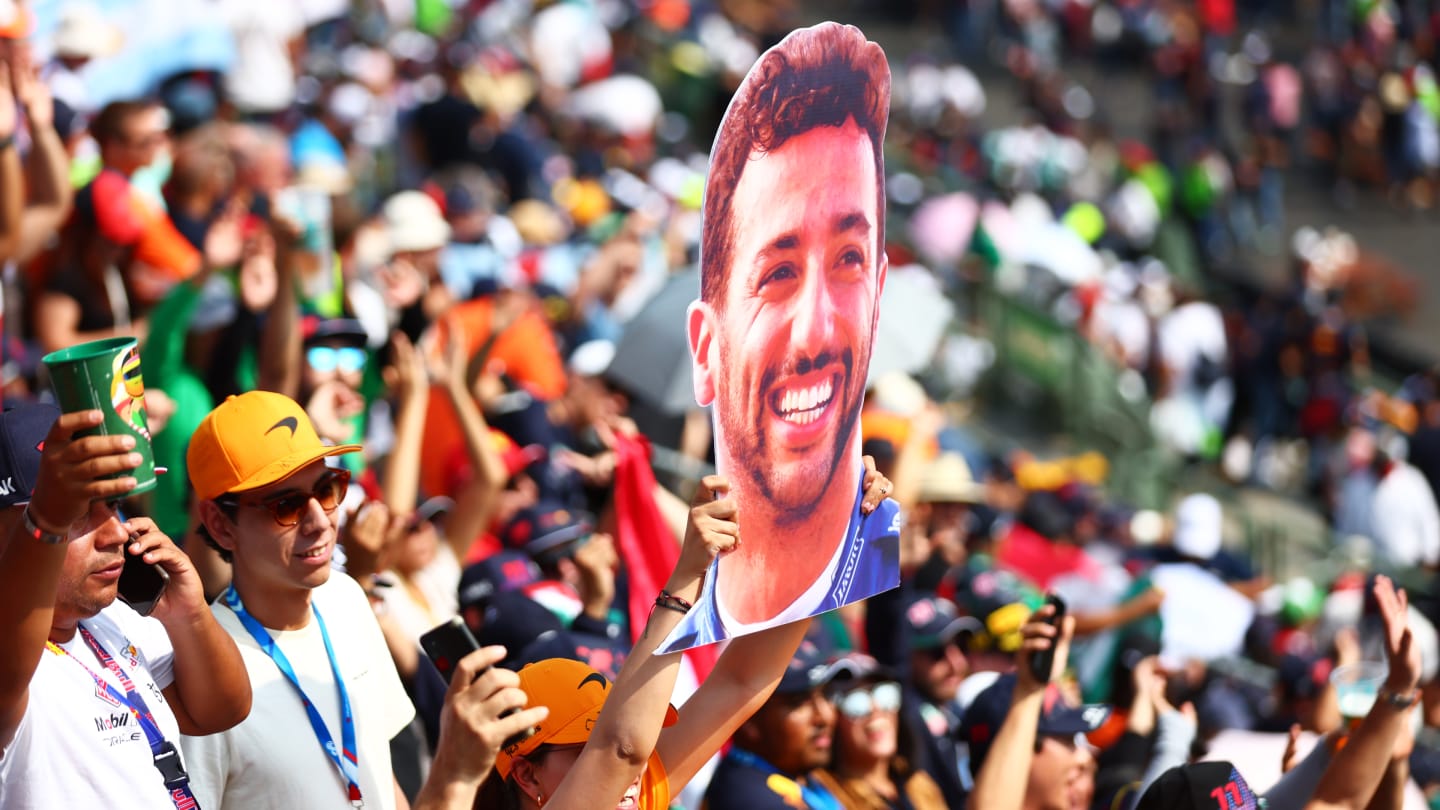 MEXICO CITY, MEXICO - OCTOBER 29: A Daniel Ricciardo of Australia and McLaren fan shows their support during qualifying ahead of the F1 Grand Prix of Mexico at Autodromo Hermanos Rodriguez on October 29, 2022 in Mexico City, Mexico. (Photo by Dan Istitene - Formula 1/Formula 1 via Getty Images)