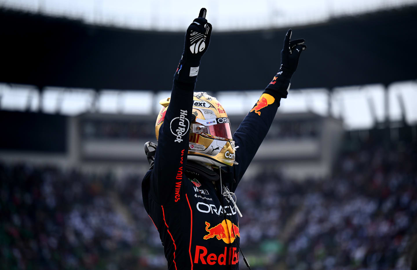 MEXICO CITY, MEXICO - OCTOBER 30: Race winner Max Verstappen of the Netherlands and Oracle Red Bull Racing celebrates in parc ferme during the F1 Grand Prix of Mexico at Autodromo Hermanos Rodriguez on October 30, 2022 in Mexico City, Mexico. (Photo by Clive Mason - Formula 1/Formula 1 via Getty Images)