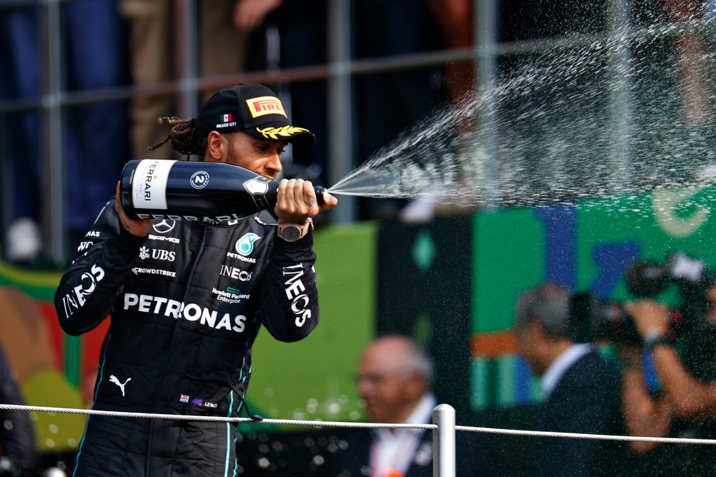 MEXICO CITY, MEXICO - OCTOBER 30: Second placed Lewis Hamilton of Great Britain and Mercedes