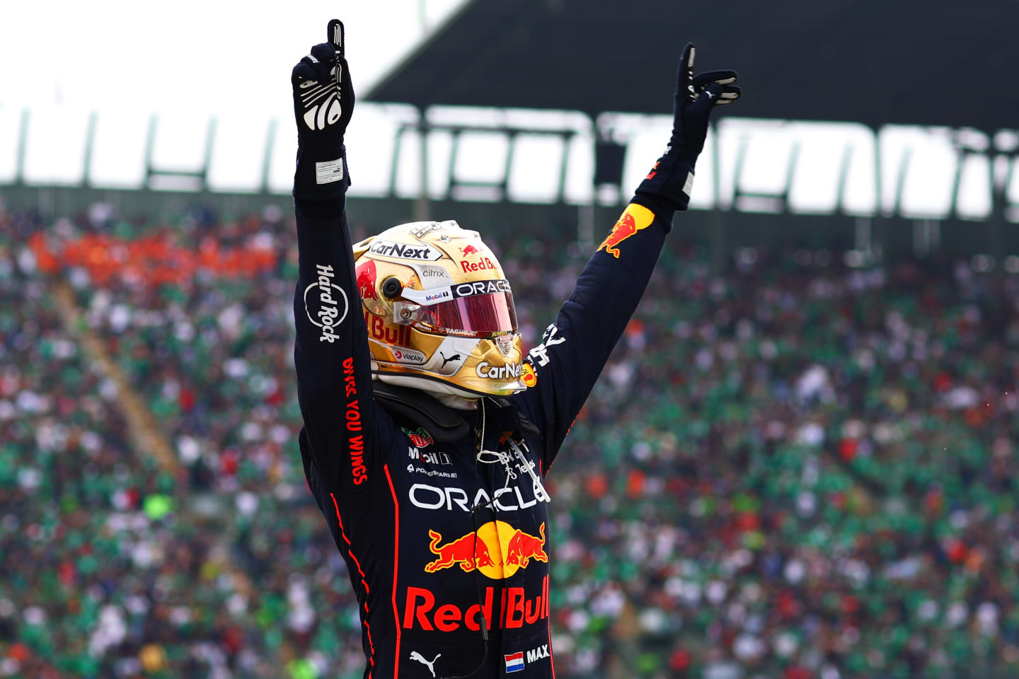 MEXICO CITY, MEXICO - OCTOBER 30: Race winner Max Verstappen of the Netherlands and Oracle Red Bull Racing celebrates in parc ferme after the F1 Grand Prix of Mexico at Autodromo Hermanos Rodriguez on October 30, 2022 in Mexico City, Mexico. (Photo by Dan Istitene - Formula 1/Formula 1 via Getty Images)