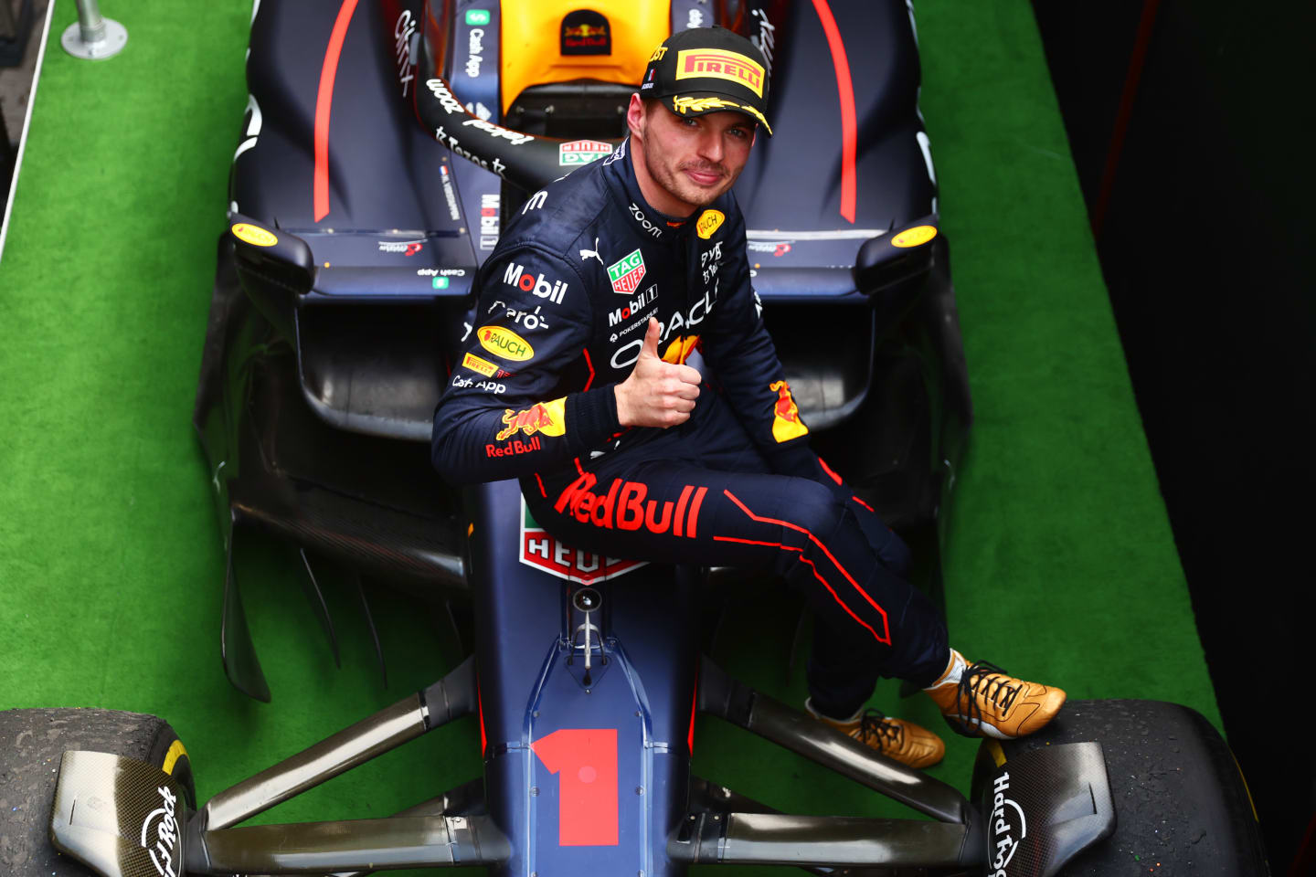 MEXICO CITY, MEXICO - OCTOBER 30: Race winner Max Verstappen of the Netherlands and Oracle Red Bull Racing celebrates on the podium after the F1 Grand Prix of Mexico at Autodromo Hermanos Rodriguez on October 30, 2022 in Mexico City, Mexico. (Photo by Dan Istitene - Formula 1/Formula 1 via Getty Images)