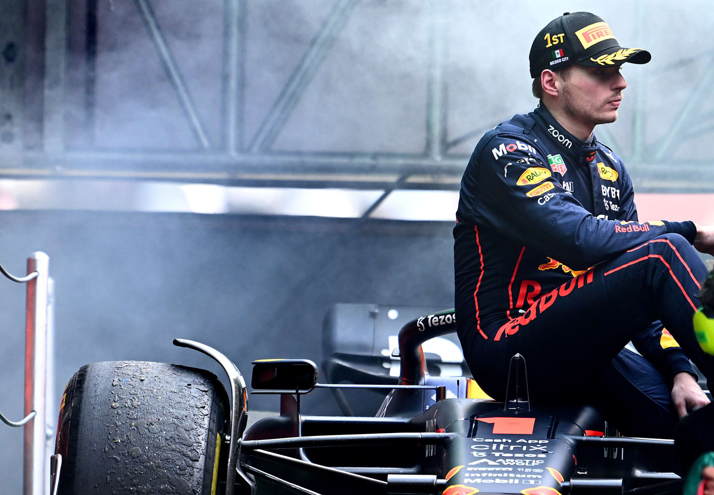 MEXICO CITY, MEXICO - OCTOBER 30: Race winner Max Verstappen of the Netherlands and Oracle Red Bull Racing celebrates on the podium during the F1 Grand Prix of Mexico at Autodromo Hermanos Rodriguez on October 30, 2022 in Mexico City, Mexico. (Photo by Clive Mason - Formula 1/Formula 1 via Getty Images)