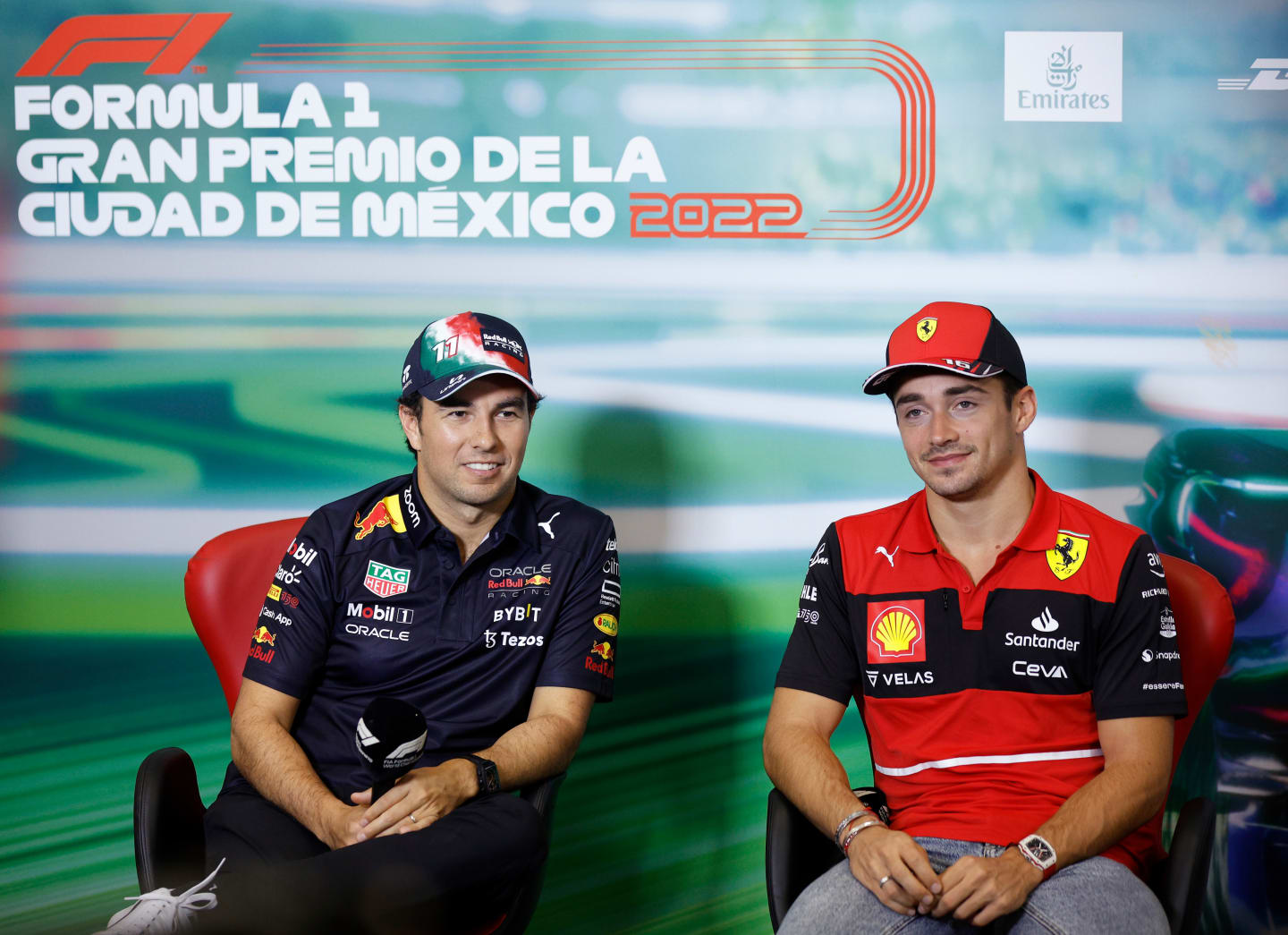 MEXICO CITY, MEXICO - OCTOBER 27: Sergio Perez of Mexico and Oracle Red Bull Racing and Charles Leclerc of Monaco and Ferrari attend the Drivers Press Conference during previews ahead of the F1 Grand Prix of Mexico at Autodromo Hermanos Rodriguez on October 27, 2022 in Mexico City, Mexico. (Photo by Jared C. Tilton/Getty Images)