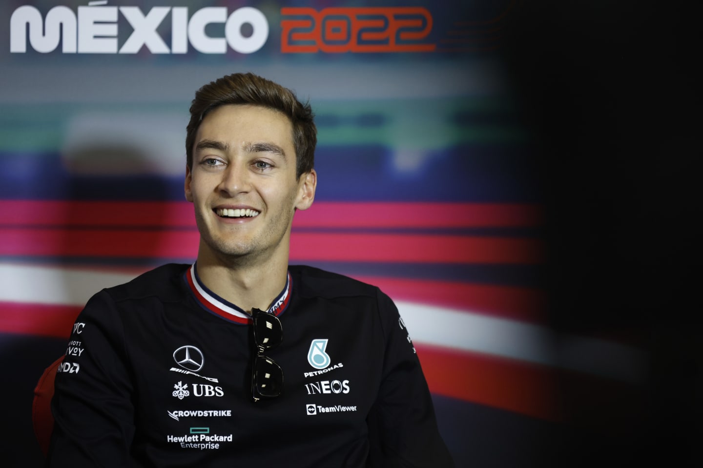 MEXICO CITY, MEXICO - OCTOBER 27: George Russell of Great Britain and Mercedes attends the Drivers Press Conference during previews ahead of the F1 Grand Prix of Mexico at Autodromo Hermanos Rodriguez on October 27, 2022 in Mexico City, Mexico. (Photo by Jared C. Tilton/Getty Images)