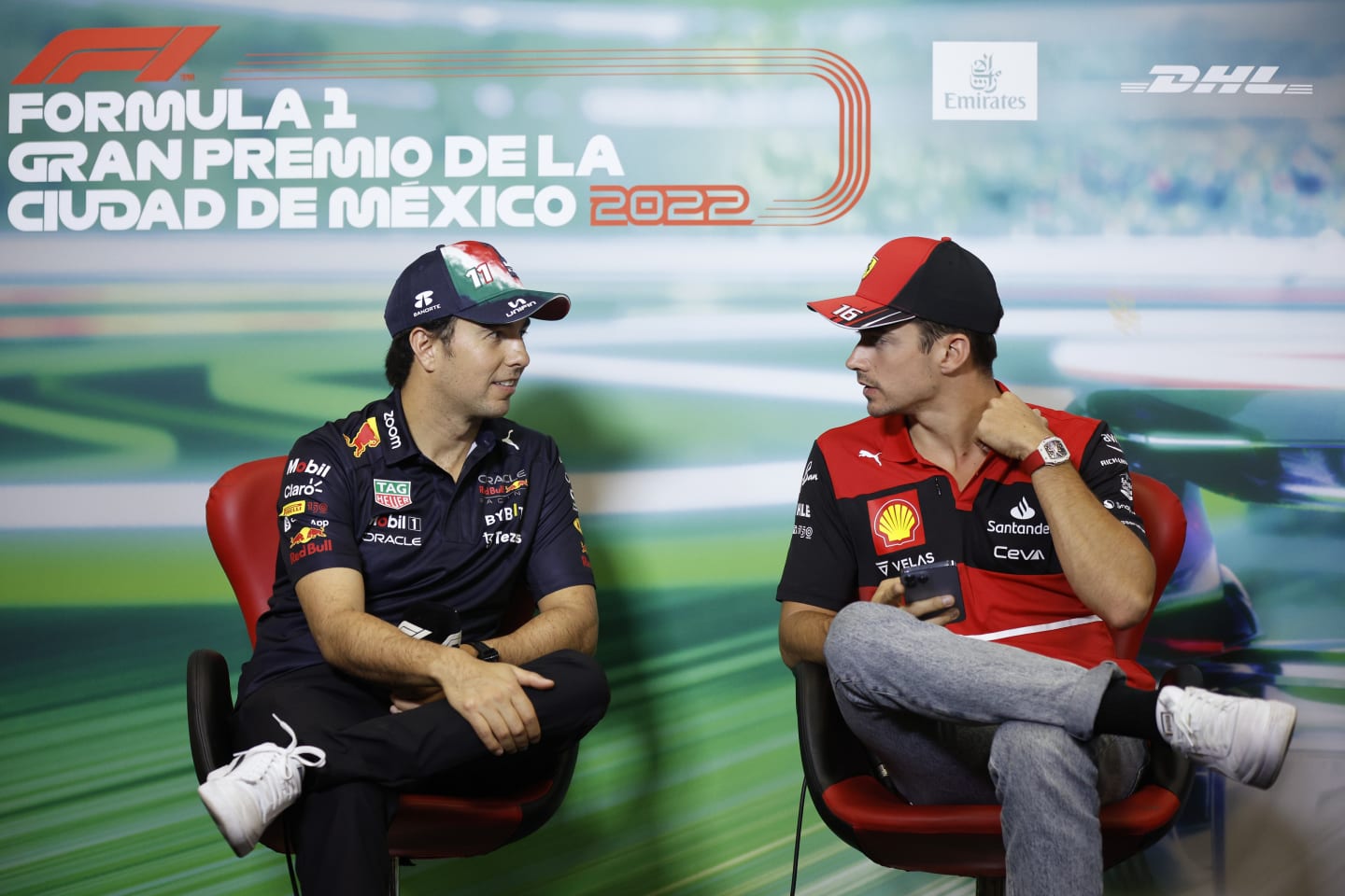 MEXICO CITY, MEXICO - OCTOBER 27: Sergio Perez of Mexico and Oracle Red Bull Racing and Charles Leclerc of Monaco and Ferrari attend the Drivers Press Conference during previews ahead of the F1 Grand Prix of Mexico at Autodromo Hermanos Rodriguez on October 27, 2022 in Mexico City, Mexico. (Photo by Jared C. Tilton/Getty Images)