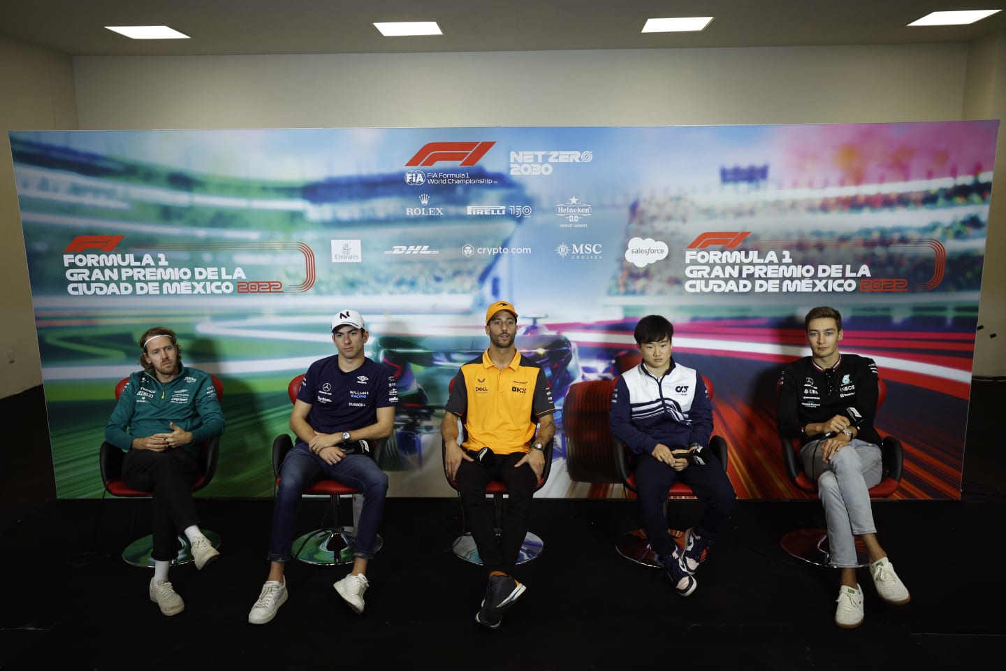 MEXICO CITY, MEXICO - OCTOBER 27: (L-R) Sebastian Vettel of Germany and Aston Martin F1 Team, Nicholas Latifi of Canada and Williams, Daniel Ricciardo of Australia and McLaren, Yuki Tsunoda of Japan and Scuderia AlphaTauri and George Russell of Great Britain and Mercedes attend the Drivers Press Conference during previews ahead of the F1 Grand Prix of Mexico at Autodromo Hermanos Rodriguez on October 27, 2022 in Mexico City, Mexico. (Photo by Jared C. Tilton/Getty Images)