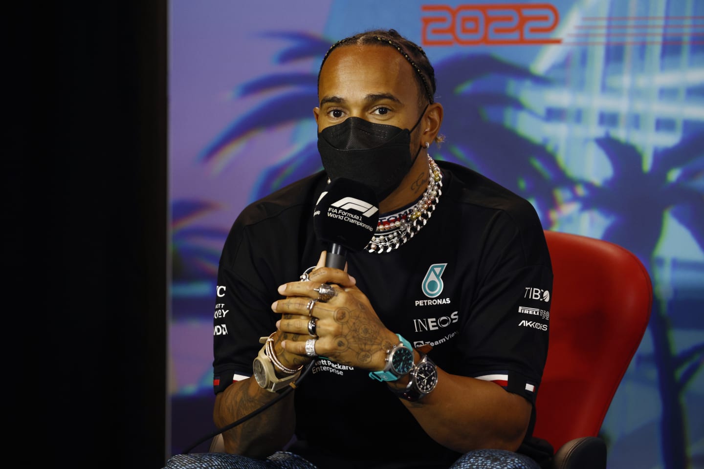 MIAMI, FLORIDA - MAY 06: Lewis Hamilton of Great Britain and Mercedes talks in the Drivers Press Conference prior to practice ahead of the F1 Grand Prix of Miami at the Miami International Autodrome on May 06, 2022 in Miami, Florida. (Photo by Jared C. Tilton/Getty Images)