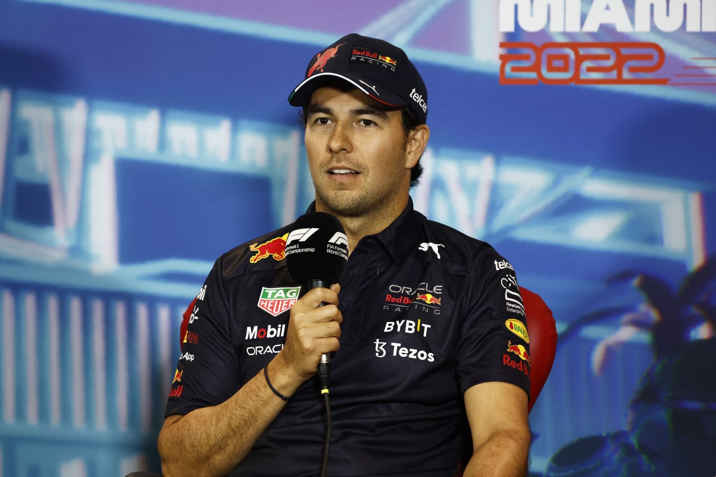 MIAMI, FLORIDA - MAY 06: Sergio Perez of Mexico and Oracle Red Bull Racing talks in the Drivers Press Conference prior to practice ahead of the F1 Grand Prix of Miami at the Miami International Autodrome on May 06, 2022 in Miami, Florida. (Photo by Jared C. Tilton/Getty Images)