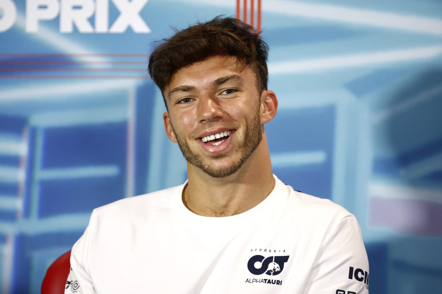 MIAMI, FLORIDA - MAY 06: Pierre Gasly of France and Scuderia AlphaTauri talks in the Drivers Press Conference prior to practice ahead of the F1 Grand Prix of Miami at the Miami International Autodrome on May 06, 2022 in Miami, Florida. (Photo by Jared C. Tilton/Getty Images)
