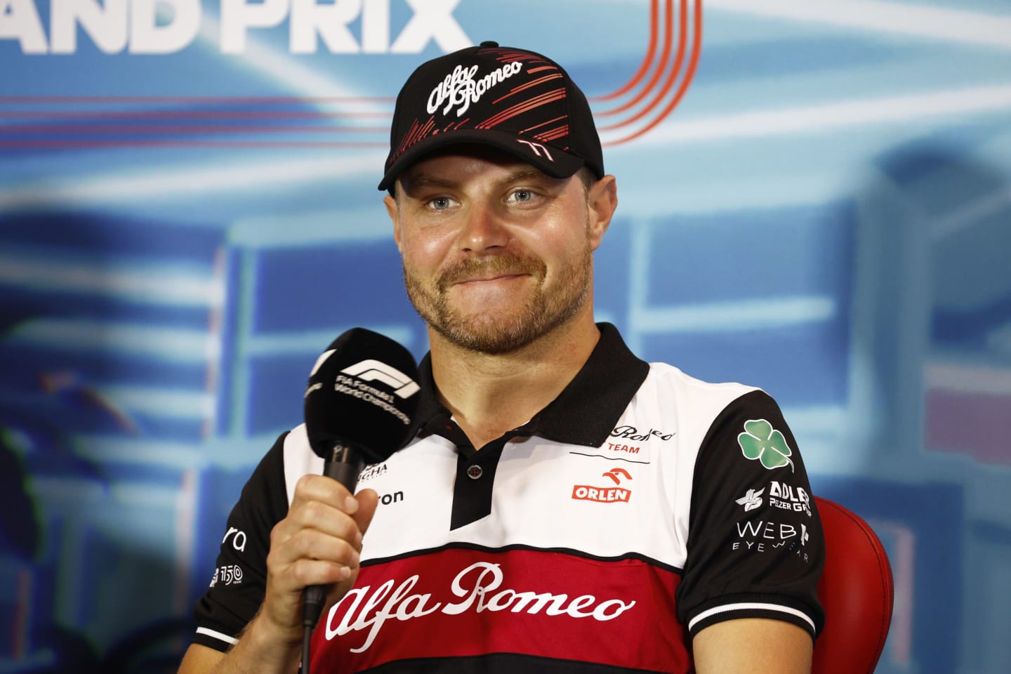 MIAMI, FLORIDA - MAY 06: Valtteri Bottas of Finland and Alfa Romeo F1 talks in the Drivers Press Conference prior to practice ahead of the F1 Grand Prix of Miami at the Miami International Autodrome on May 06, 2022 in Miami, Florida. (Photo by Jared C. Tilton/Getty Images)