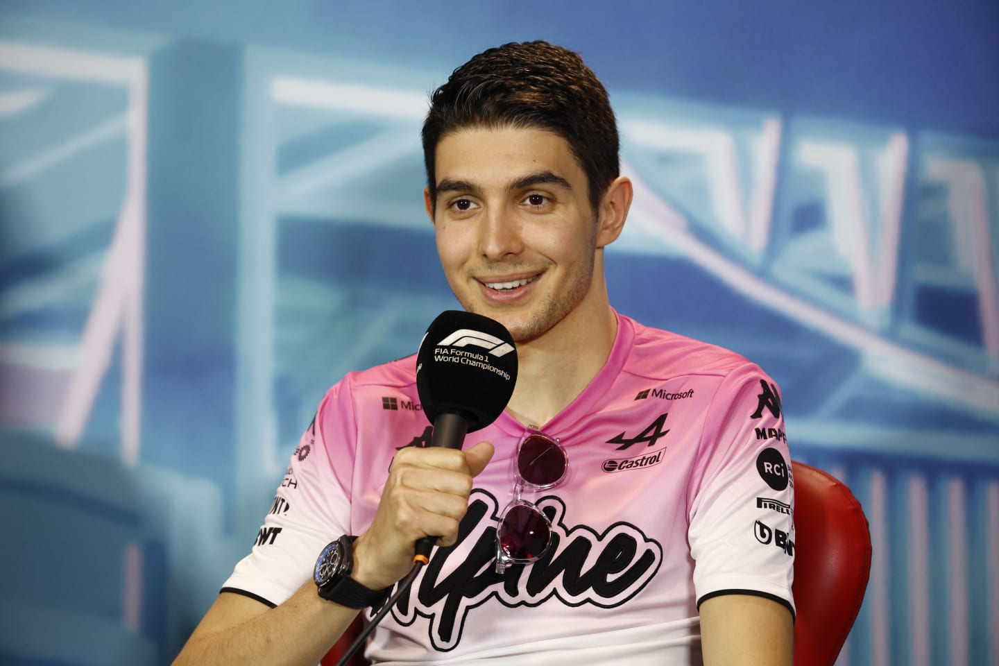 MIAMI, FLORIDA - MAY 06: Esteban Ocon of France and Alpine F1 talks in the Drivers Press Conference prior to practice ahead of the F1 Grand Prix of Miami at the Miami International Autodrome on May 06, 2022 in Miami, Florida. (Photo by Jared C. Tilton/Getty Images)