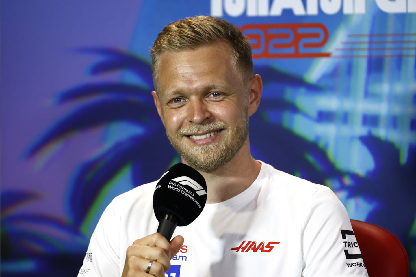 MIAMI, FLORIDA - MAY 06: Kevin Magnussen of Denmark and Haas F1 talks in the Drivers Press Conference prior to practice ahead of the F1 Grand Prix of Miami at the Miami International Autodrome on May 06, 2022 in Miami, Florida. (Photo by Jared C. Tilton/Getty Images)