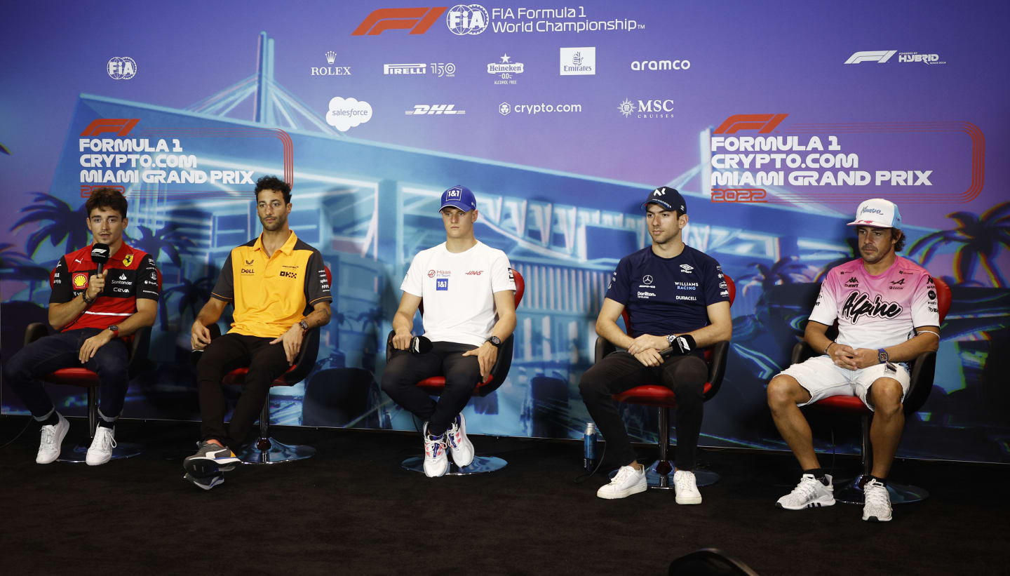 MIAMI, FLORIDA - MAY 06: (L-R) Charles Leclerc of Monaco and Ferrari, Daniel Ricciardo of Australia