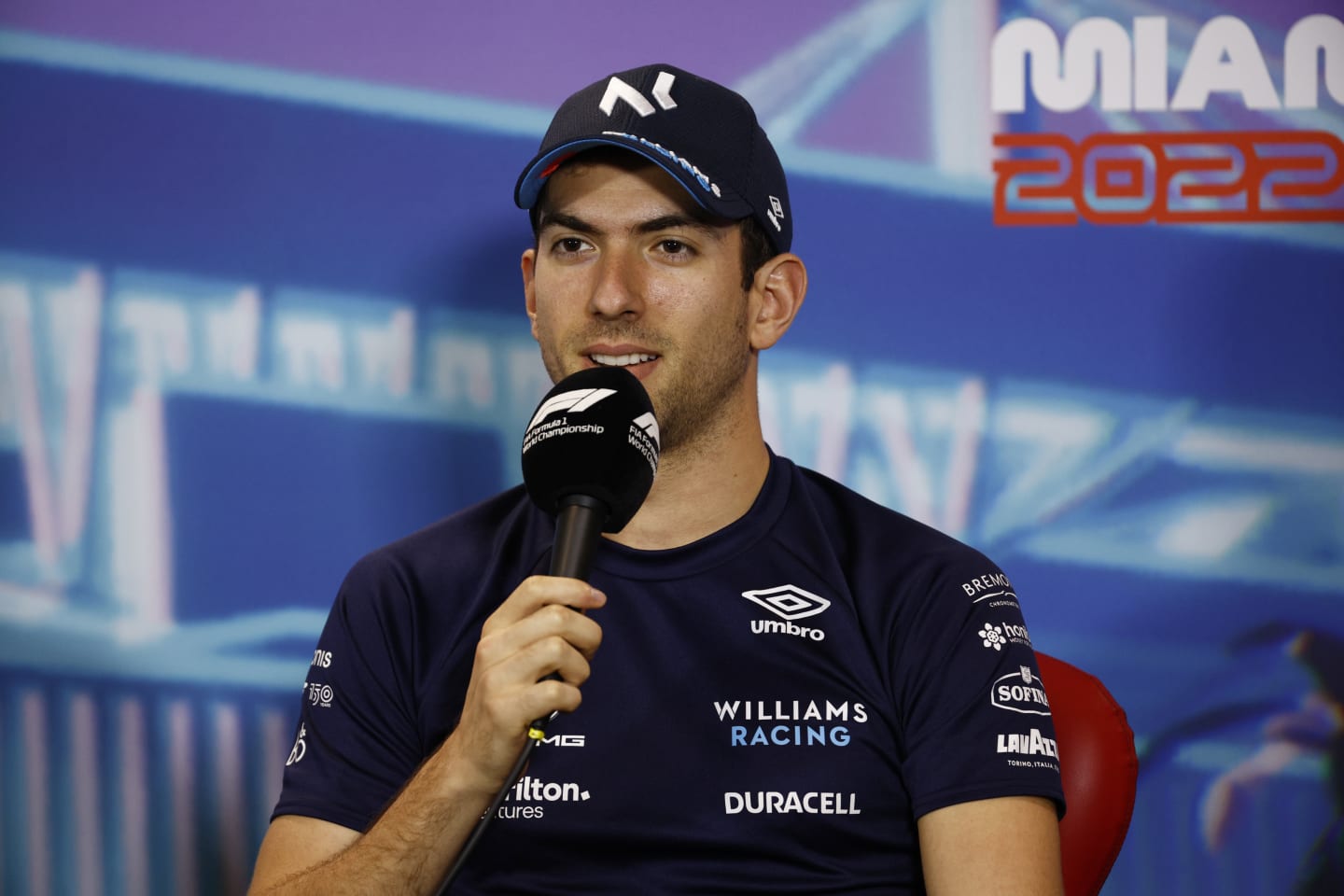 MIAMI, FLORIDA - MAY 06: Nicholas Latifi of Canada and Williams talks in the Drivers Press Conference prior to practice ahead of the F1 Grand Prix of Miami at the Miami International Autodrome on May 06, 2022 in Miami, Florida. (Photo by Jared C. Tilton/Getty Images)