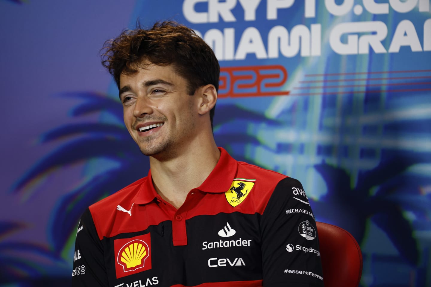 MIAMI, FLORIDA - MAY 06: Charles Leclerc of Monaco and Ferrari talks in the Drivers Press Conference prior to practice ahead of the F1 Grand Prix of Miami at the Miami International Autodrome on May 06, 2022 in Miami, Florida. (Photo by Jared C. Tilton/Getty Images)