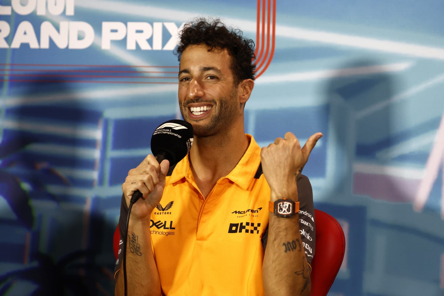 MIAMI, FLORIDA - MAY 06: Daniel Ricciardo of Australia and McLaren talks in the Drivers Press Conference prior to practice ahead of the F1 Grand Prix of Miami at the Miami International Autodrome on May 06, 2022 in Miami, Florida. (Photo by Jared C. Tilton/Getty Images)