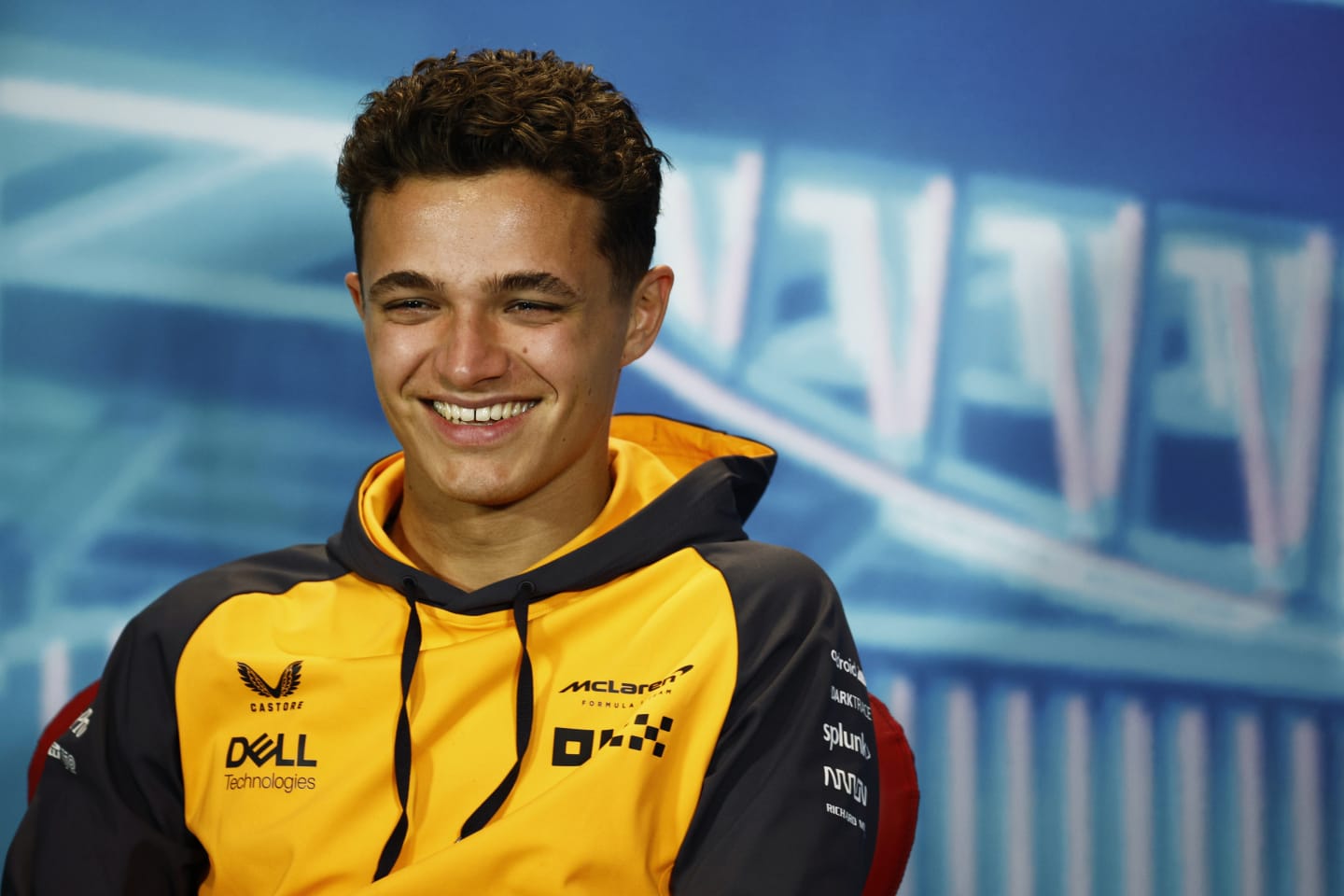 MIAMI, FLORIDA - MAY 06: Lando Norris of Great Britain and McLaren talks in the Drivers Press Conference prior to practice ahead of the F1 Grand Prix of Miami at the Miami International Autodrome on May 06, 2022 in Miami, Florida. (Photo by Jared C. Tilton/Getty Images)