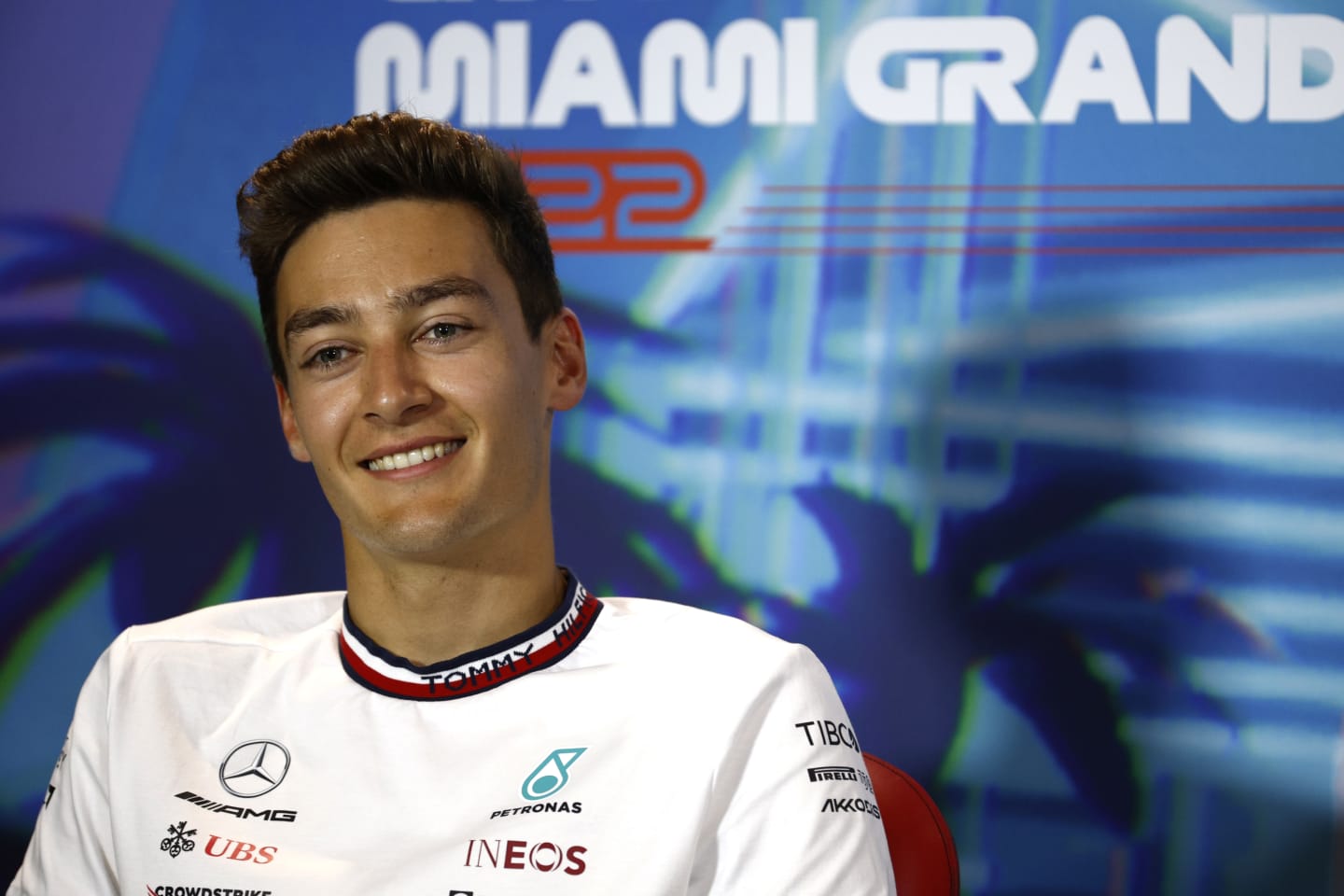 MIAMI, FLORIDA - MAY 06: George Russell of Great Britain and Mercedes talks in the Drivers Press Conference prior to practice ahead of the F1 Grand Prix of Miami at the Miami International Autodrome on May 06, 2022 in Miami, Florida. (Photo by Jared C. Tilton/Getty Images)