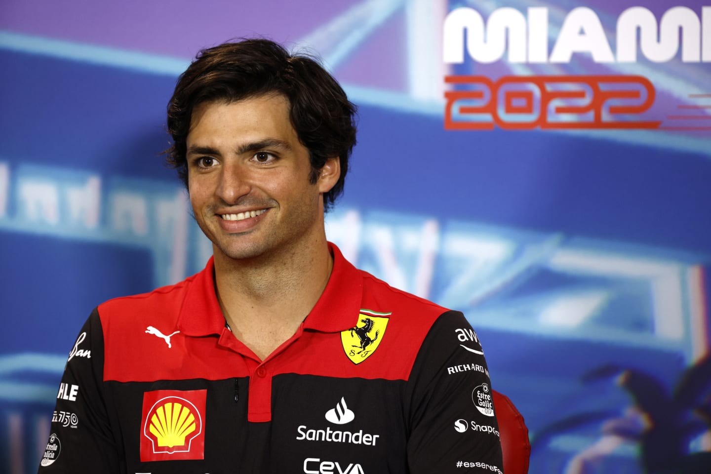 MIAMI, FLORIDA - MAY 06: Carlos Sainz of Spain and Ferrari talks in the Drivers Press Conference prior to practice ahead of the F1 Grand Prix of Miami at the Miami International Autodrome on May 06, 2022 in Miami, Florida. (Photo by Jared C. Tilton/Getty Images)