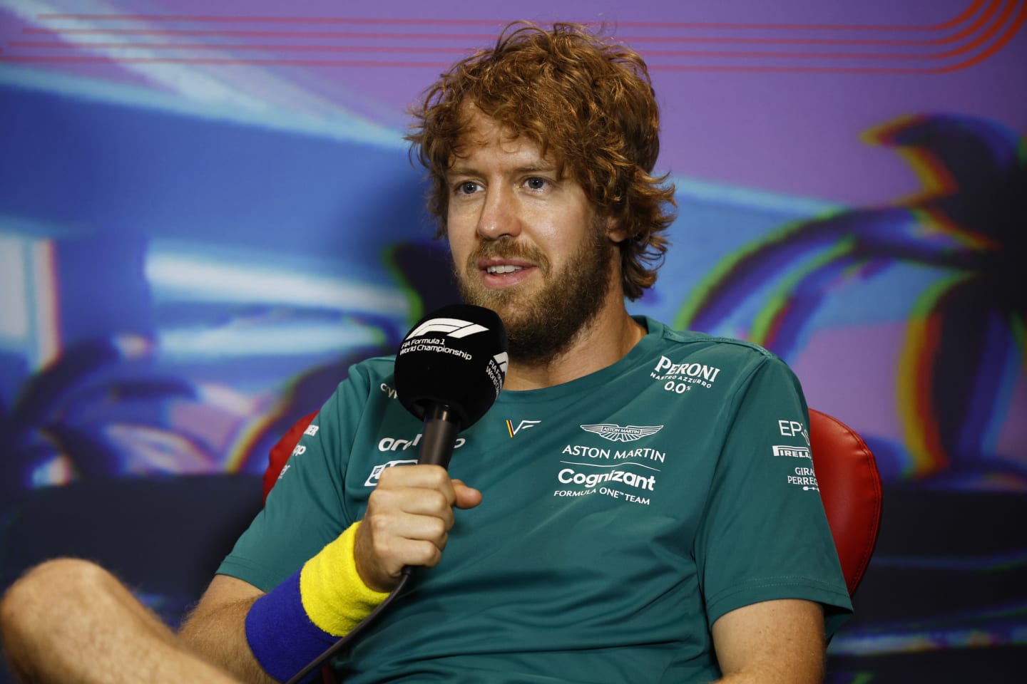 MIAMI, FLORIDA - MAY 06: Sebastian Vettel of Germany and Aston Martin F1 Team talks in the Drivers Press Conference prior to practice ahead of the F1 Grand Prix of Miami at the Miami International Autodrome on May 06, 2022 in Miami, Florida. (Photo by Jared C. Tilton/Getty Images)