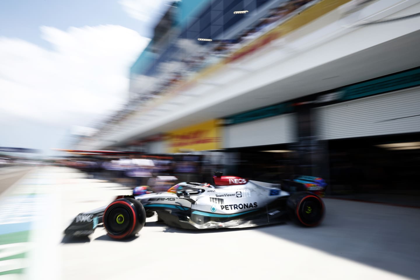 MIAMI, FLORIDA - MAY 06: George Russell of Great Britain driving the (63) Mercedes AMG Petronas F1