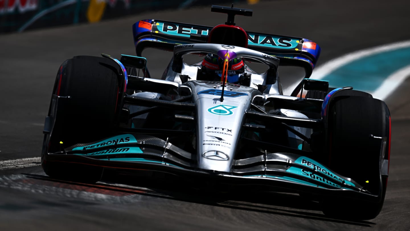 MIAMI, FLORIDA - MAY 06: George Russell of Great Britain driving the (63) Mercedes AMG Petronas F1