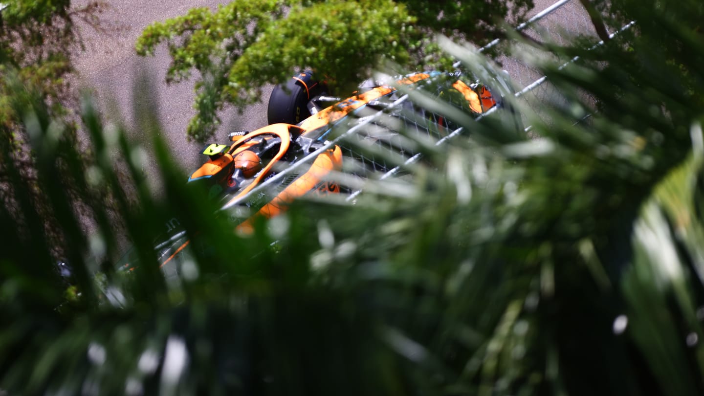 MIAMI, FLORIDA - MAY 06: Lando Norris of Great Britain driving the (4) McLaren MCL36 Mercedes on track during practice ahead of the F1 Grand Prix of Miami at the Miami International Autodrome on May 06, 2022 in Miami, Florida. (Photo by Dan Istitene - Formula 1/Formula 1 via Getty Images)