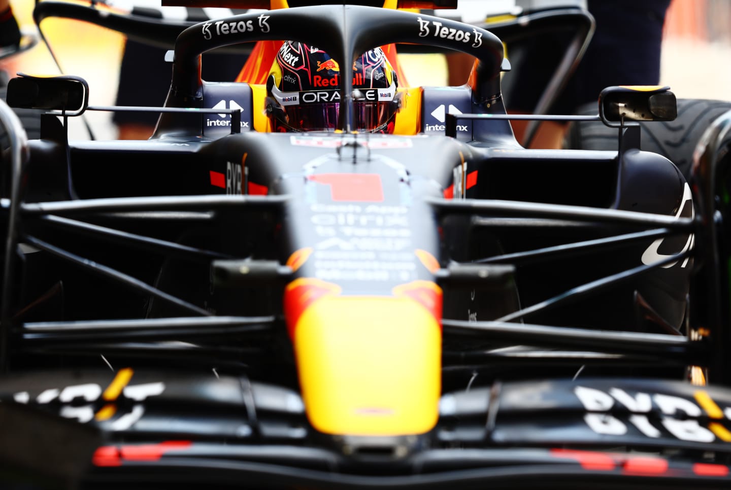 MIAMI, FLORIDA - MAY 06: Max Verstappen of the Netherlands driving the (1) Oracle Red Bull Racing RB18 in the Pitlane during practice ahead of the F1 Grand Prix of Miami at the Miami International Autodrome on May 06, 2022 in Miami, Florida. (Photo by Mark Thompson/Getty Images)