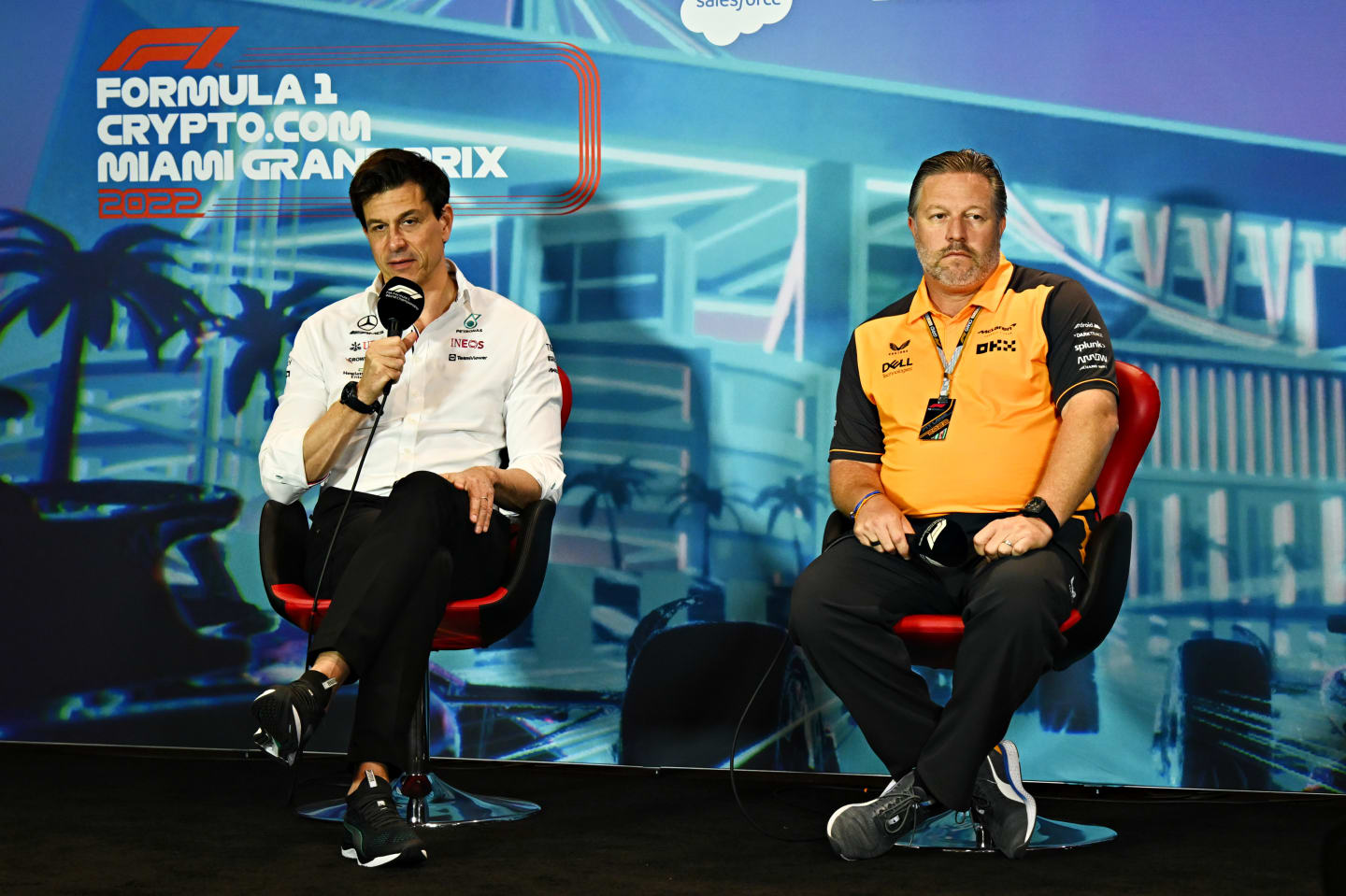MIAMI, FLORIDA - MAY 07: Mercedes GP Executive Director Toto Wolff and McLaren Chief Executive Officer Zak Brown talk in the Team Principals Press Conference prior to final practice ahead of the F1 Grand Prix of Miami at the Miami International Autodrome on May 07, 2022 in Miami, Florida. (Photo by Clive Mason/Getty Images)