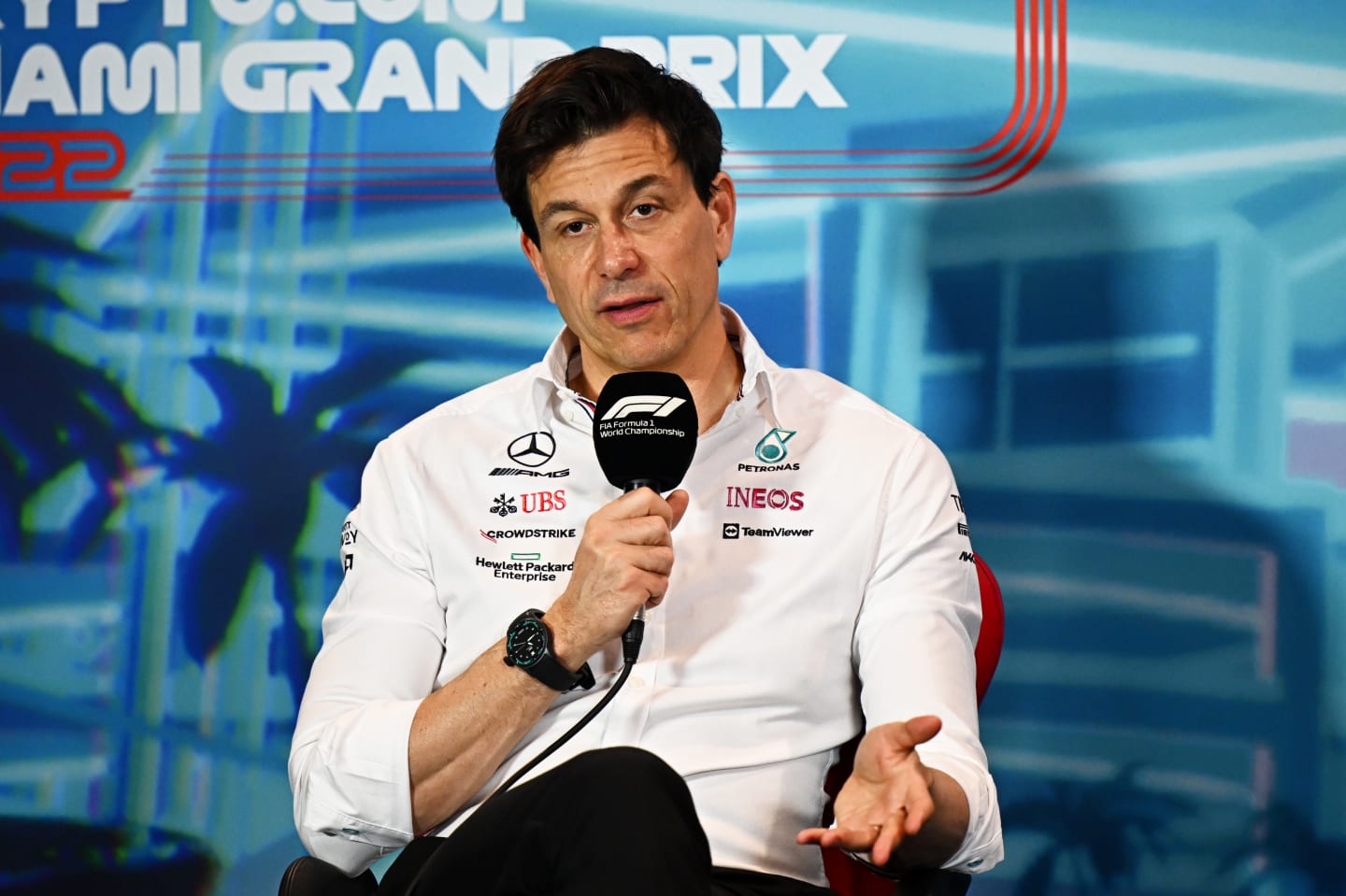 MIAMI, FLORIDA - MAY 07: Mercedes GP Executive Director Toto Wolff talks in the Team Principals Press Conference prior to final practice ahead of the F1 Grand Prix of Miami at the Miami International Autodrome on May 07, 2022 in Miami, Florida. (Photo by Clive Mason/Getty Images)