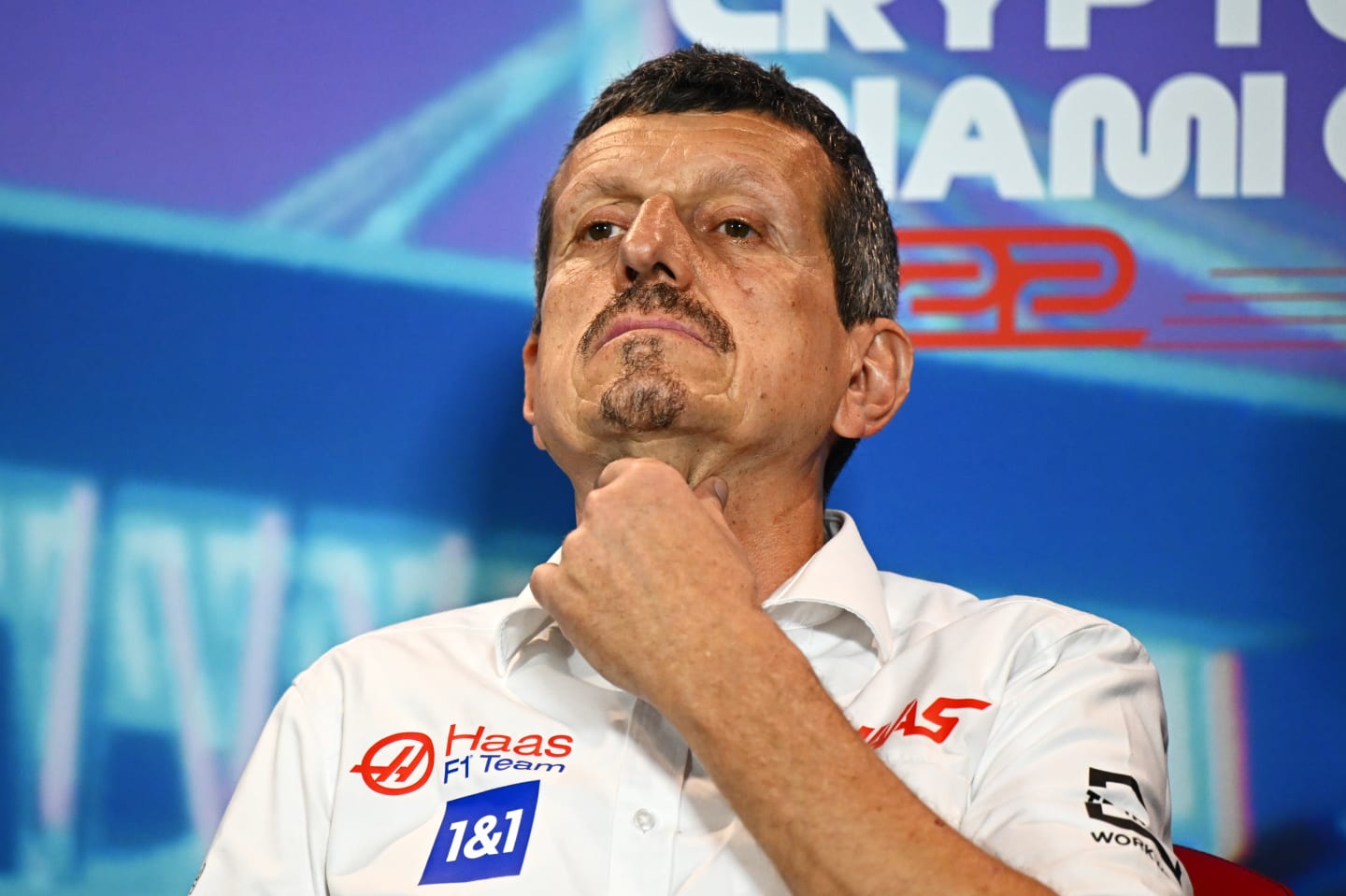 MIAMI, FLORIDA - MAY 07: Haas F1 Team Principal Guenther Steiner talks in the Team Principals Press Conference prior to final practice ahead of the F1 Grand Prix of Miami at the Miami International Autodrome on May 07, 2022 in Miami, Florida. (Photo by Clive Mason/Getty Images)
