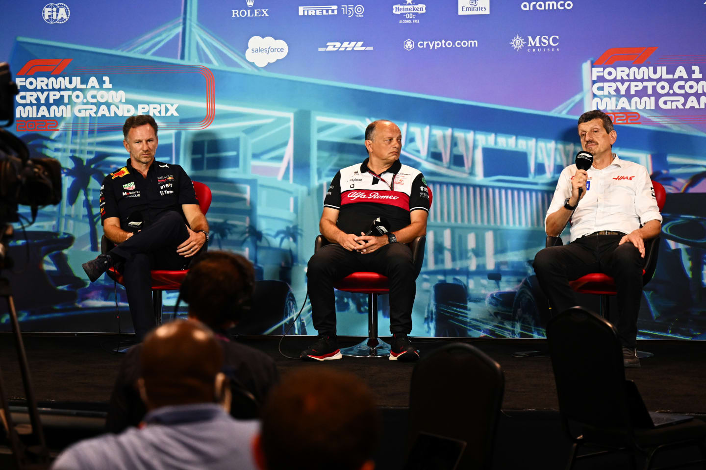 MIAMI, FLORIDA - MAY 07: (L-R) Red Bull Racing Team Principal Christian Horner, Alfa Romeo Racing Team Principal Frederic Vasseur and Haas F1 Team Principal Guenther Steiner attend the Team Principals Press Conference prior to final practice ahead of the F1 Grand Prix of Miami at the Miami International Autodrome on May 07, 2022 in Miami, Florida. (Photo by Clive Mason/Getty Images)