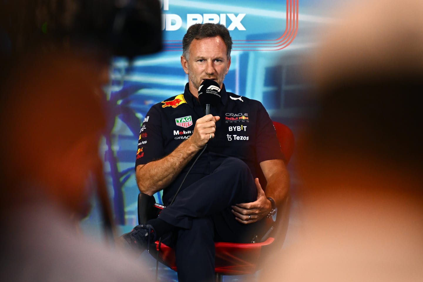 MIAMI, FLORIDA - MAY 07: Red Bull Racing Team Principal Christian Horner talks in the Team Principals Press Conference prior to final practice ahead of the F1 Grand Prix of Miami at the Miami International Autodrome on May 07, 2022 in Miami, Florida. (Photo by Clive Mason/Getty Images)