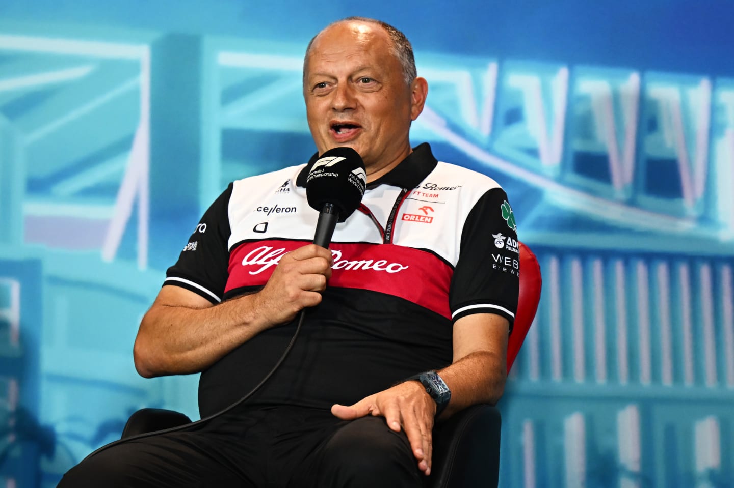 MIAMI, FLORIDA - MAY 07: Alfa Romeo Racing Team Principal Frederic Vasseur talks in the Team Principals Press Conference prior to final practice ahead of the F1 Grand Prix of Miami at the Miami International Autodrome on May 07, 2022 in Miami, Florida. (Photo by Clive Mason/Getty Images)