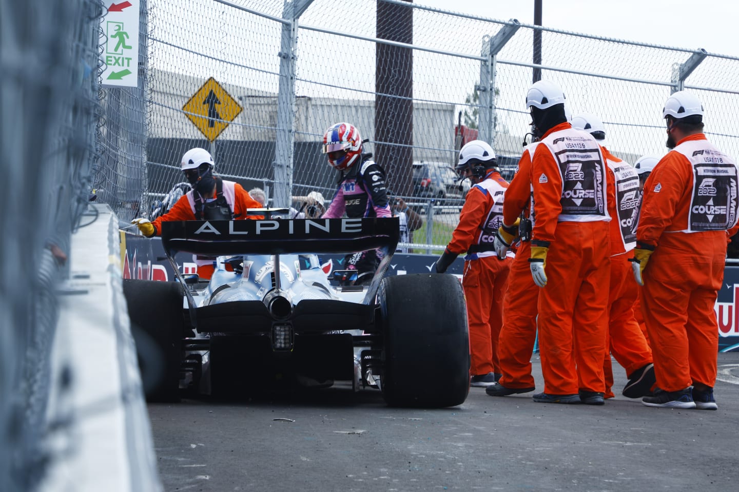 MIAMI, FLORIDA - MAY 07: Esteban Ocon of France and Alpine F1 walks from his car after a crash during final practice ahead of the F1 Grand Prix of Miami at the Miami International Autodrome on May 07, 2022 in Miami, Florida. (Photo by Jared C. Tilton/Getty Images)