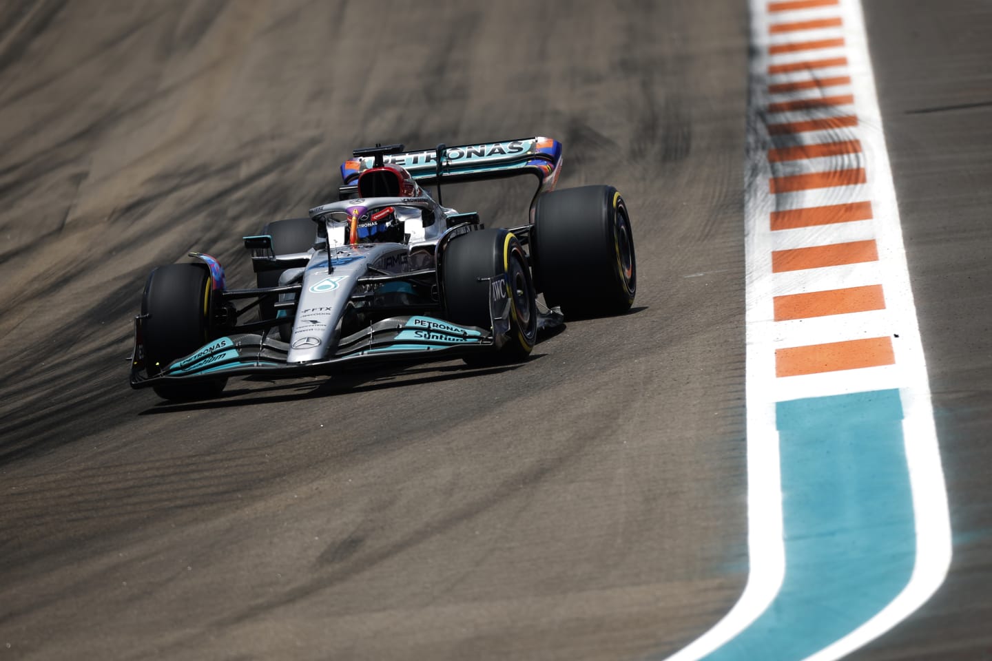 MIAMI, FLORIDA - MAY 07: George Russell of Great Britain driving the (63) Mercedes AMG Petronas F1 Team W13 on track during final practice ahead of the F1 Grand Prix of Miami at the Miami International Autodrome on May 07, 2022 in Miami, Florida. (Photo by Chris Graythen/Getty Images)